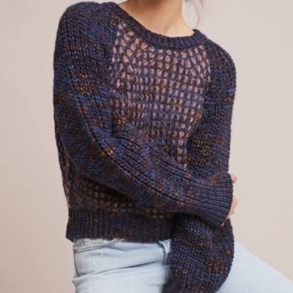 Anthropologie Moth Hillwalk Sweater Size XS Marled Blue Purple Crewneck Wool - Picture 1 of 15